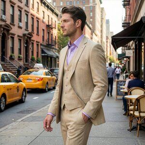 New 2026 Mens 3pc Sharkskin Tan Suit Set, Slim Fit